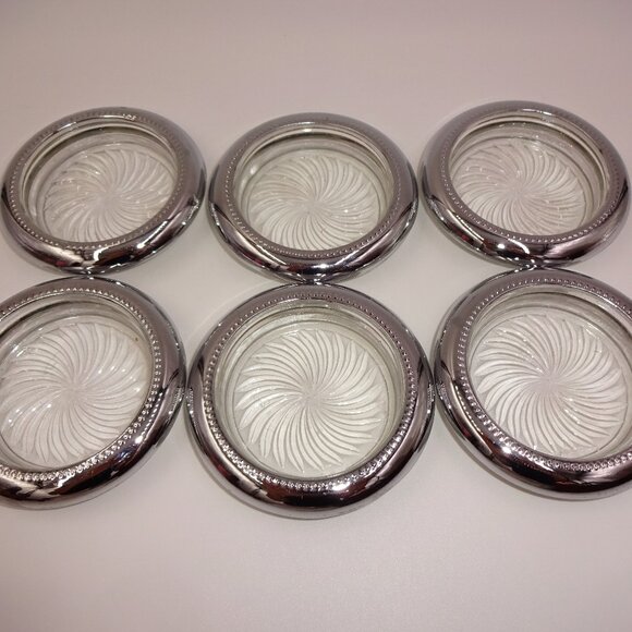 Set of 6 Vintage Park Sherman Clear Glass & Silverplate Swirl Pinwheel Coasters - Picture 1 of 9